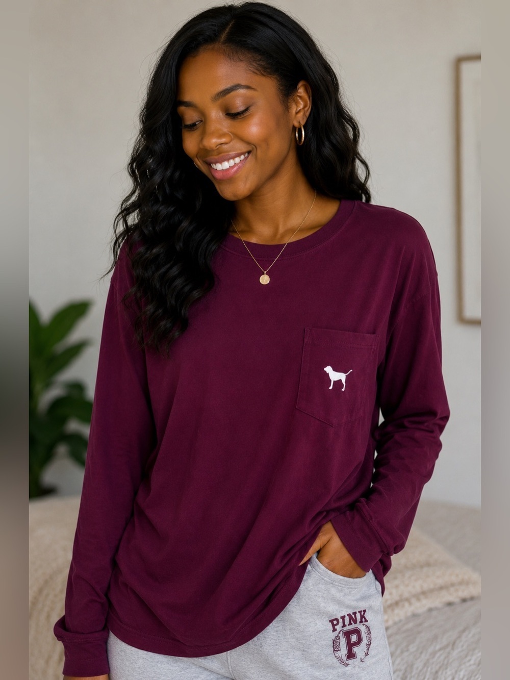 PINK Victoria’s Secret Burgundy Long Sleeve Pocket Tee Sequin Dog